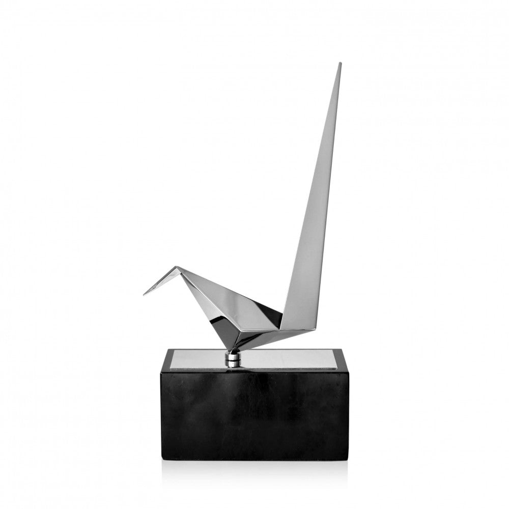 Sculpture Oiseau Origami Argent Socle Bas